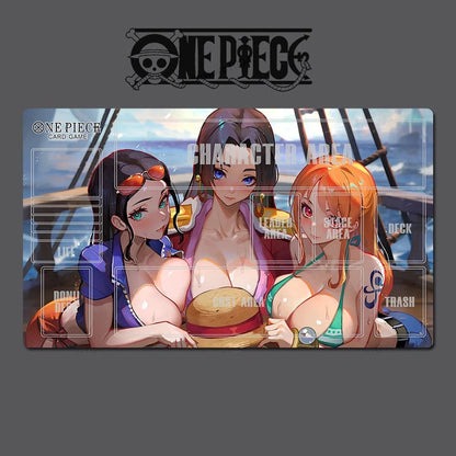 Card game mat featuring characters from 'One Piece' with game area labels.