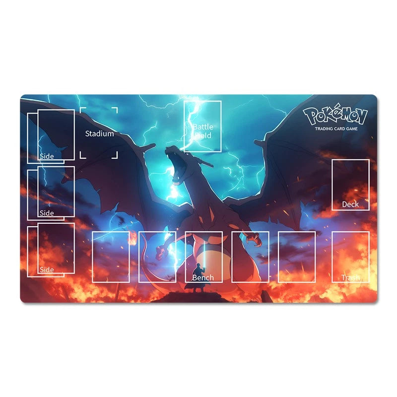 A rectangular Pokémon trading card playmat featuring Charizard artwork with blue lightning and orange flames, plus printed card slots and labels for Side, Deck, Battle Field, and Trainer.