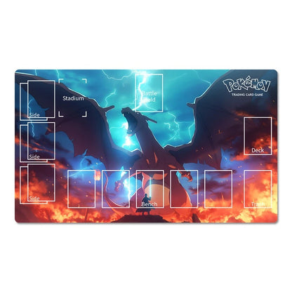A rectangular Pokémon trading card playmat featuring Charizard artwork with blue lightning and orange flames, plus printed card slots and labels for Side, Deck, Battle Field, and Trainer.