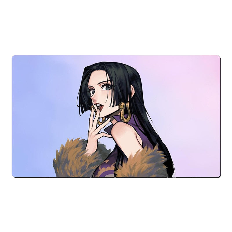 Anime-style character with long black hair and earrings on a gradient background
