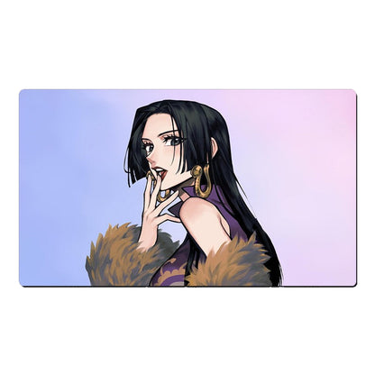 Anime-style character with long black hair and earrings on a gradient background