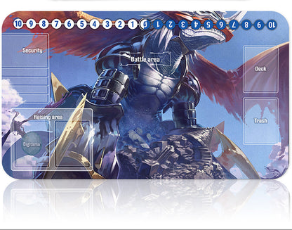 Card game mat with character design and card holder on a white background