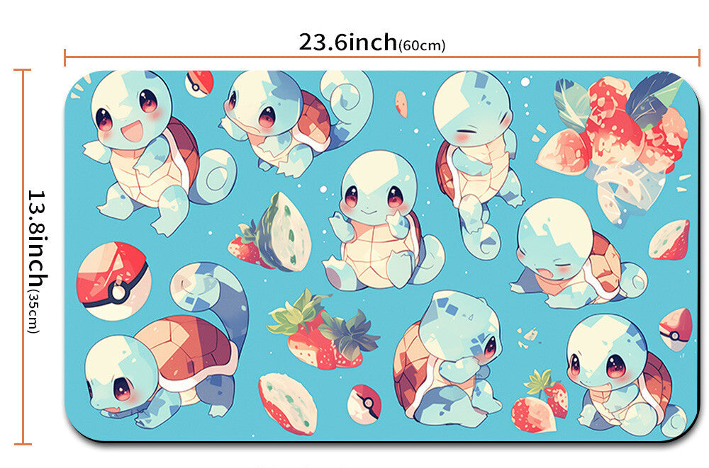 Illustrated turtle character mat with dimensions and a strap on a white background