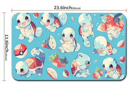 Illustrated turtle character mat with dimensions and a strap on a white background