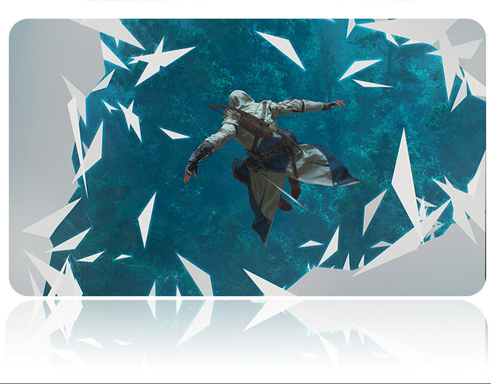 Laptop skin with a character falling through ice and a tool above on a white background