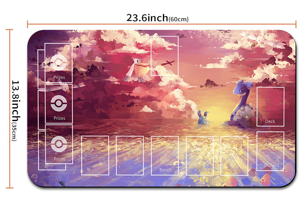 Pokémon-themed playmat with artwork and measurements, accompanied by a drawstring bag.