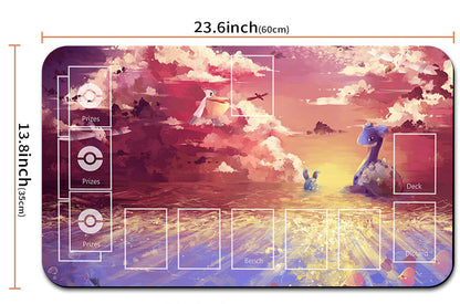 Pokémon-themed playmat with artwork and measurements, accompanied by a drawstring bag.