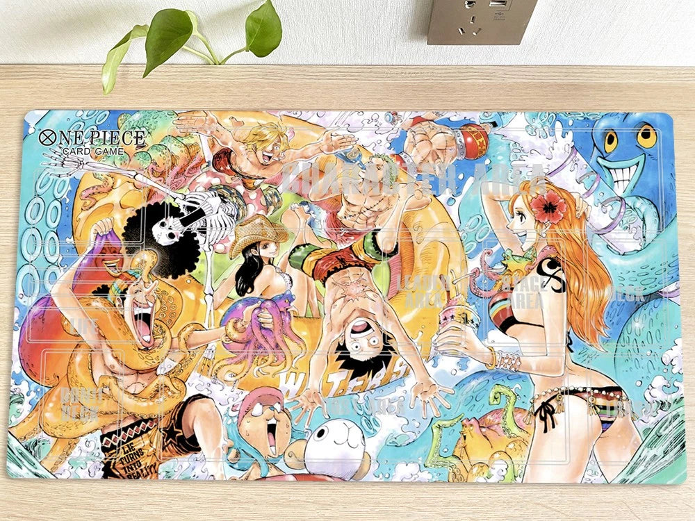 Colorful 'One Piece' anime character mat on a wooden surface.