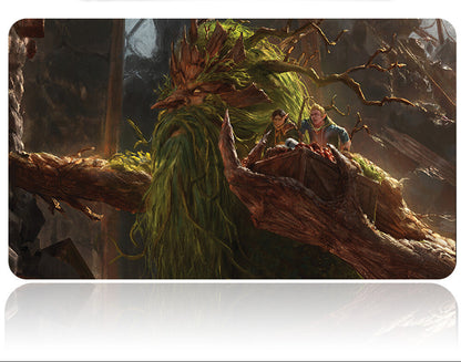 Laptop skin with fantasy design of two characters on a log, with a tool above.