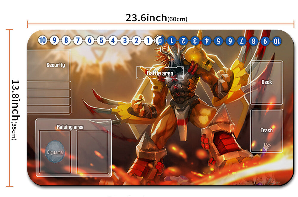 Card game playmat with character design, dimensions, and carrying strap shown.