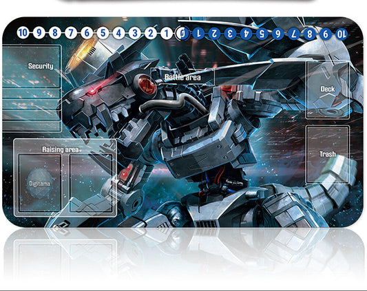 Game mat with robot design and card slots on a white background