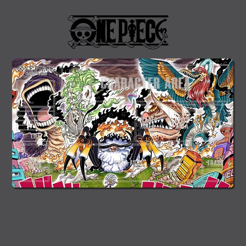 A rectangular One Piece character print or poster featuring a highly detailed multicolor illustration with multiple anime characters and the One Piece logo at the top, shown against a dark gray background.