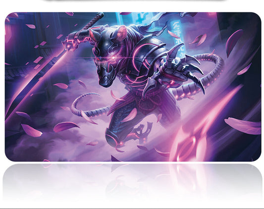 Fantasy creature with a sword on a purple and black background
