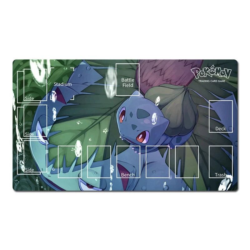 A rectangular Pokémon trading card playmat featuring Bulbasaur on a leafy forest background, with printed game area labels such as Stadium, Battle Field, Bench, Deck, and Trash.