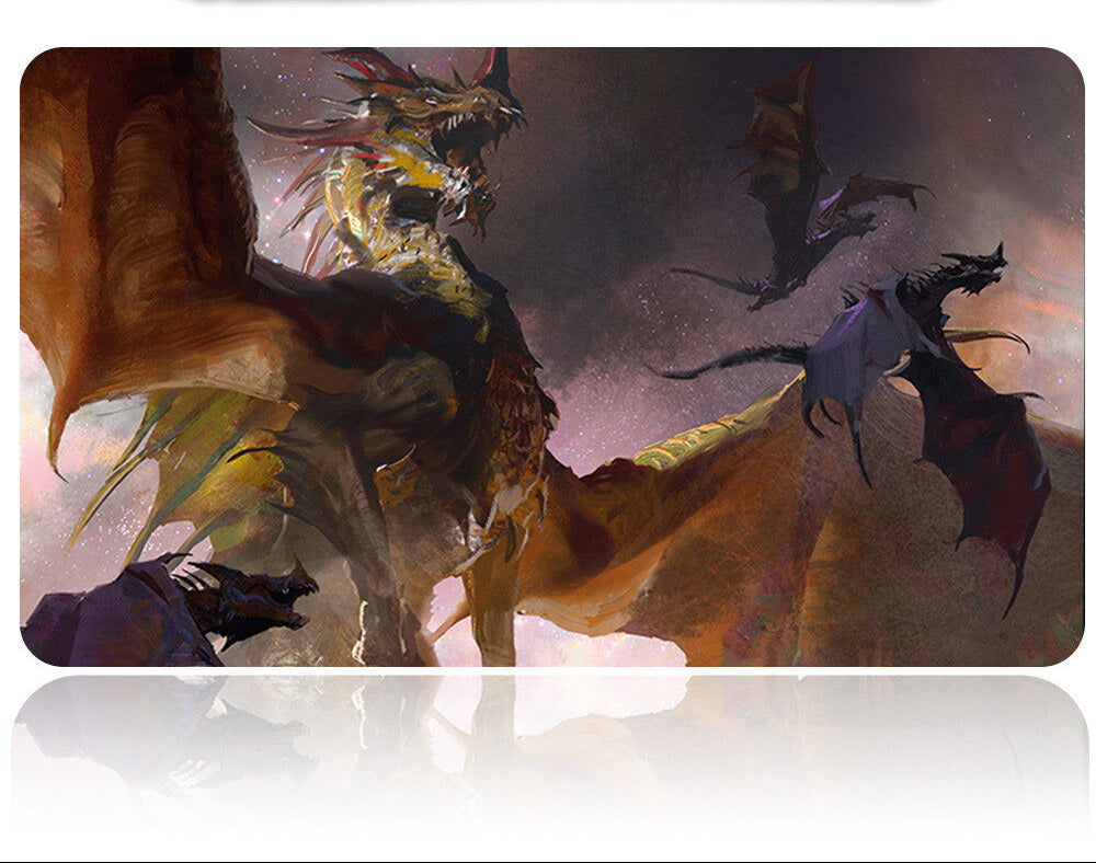 Futuristic weapon with dragons in the background