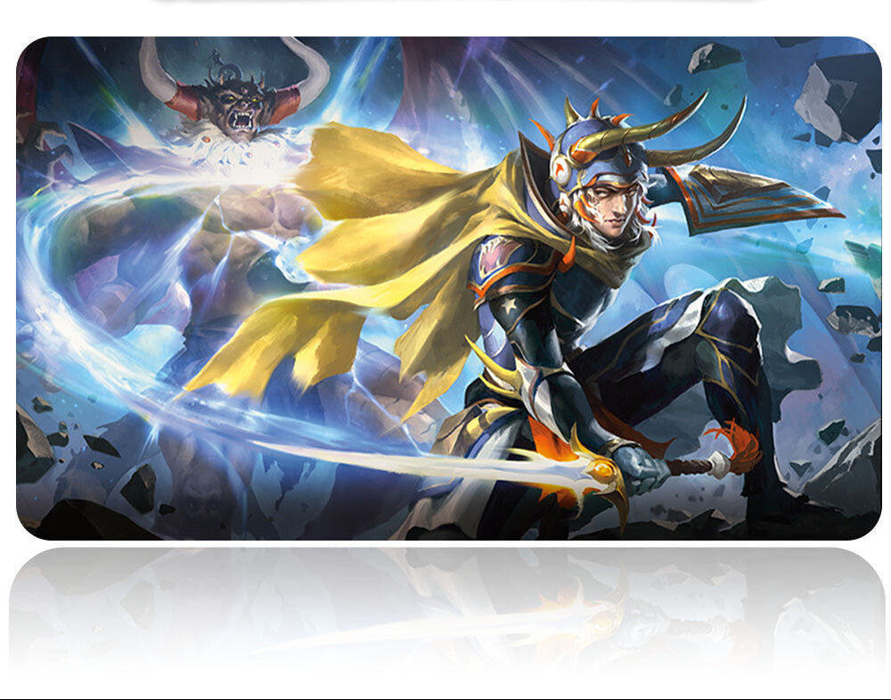 Gaming mouse pad with warrior character and dragon design, featuring a pen on top.