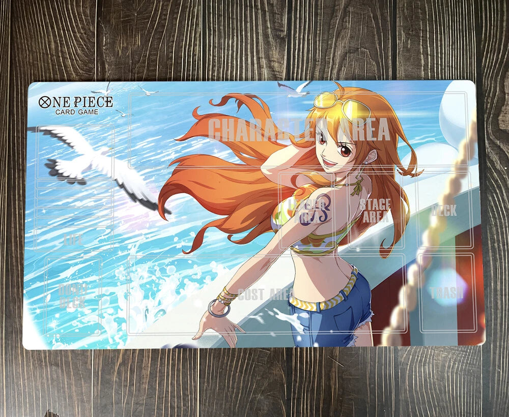 Card game playmat featuring an anime character with red hair on a wooden surface