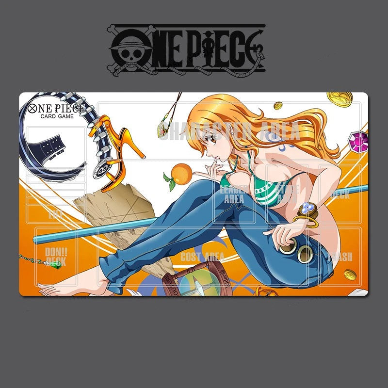 A One Piece card game playmat featuring an illustration of Nami on an orange background, with the One Piece logo at the top and a product title banner across the center.