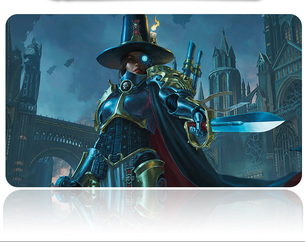 Futuristic sword with a detailed sheath on a fantasy-themed mouse pad featuring a castle and character.
