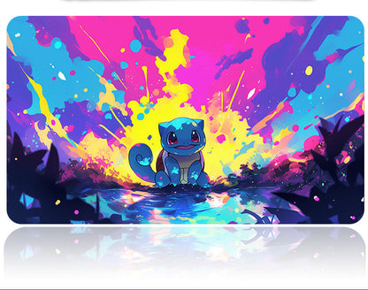 Colorful mouse pad with a cartoon character and a pen on a white background