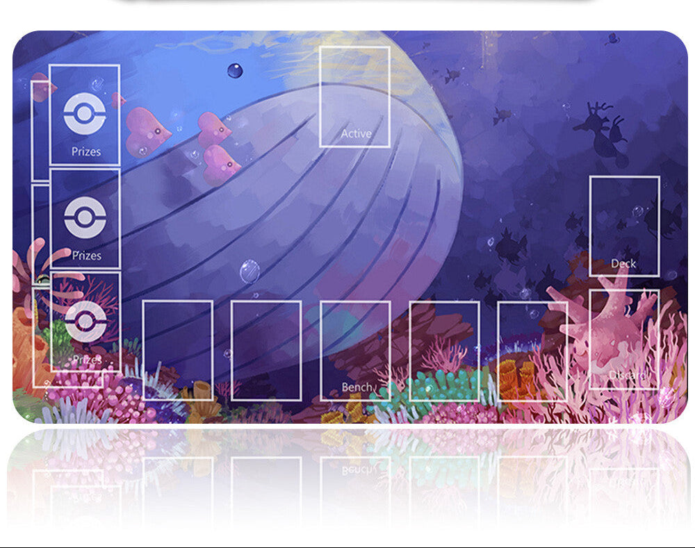 Pokémon-themed playmat with underwater design and Poké Ball, surrounded by fishing rod.