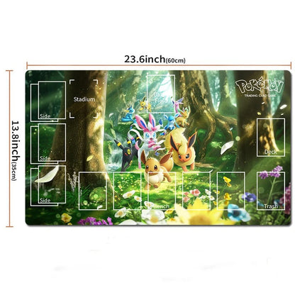 A rectangular Pokémon trading card playmat with an illustrated forest scene featuring Eevee and other Pokémon, shown with printed dimensions and labeled court zones such as stadium, side, deck, and track.