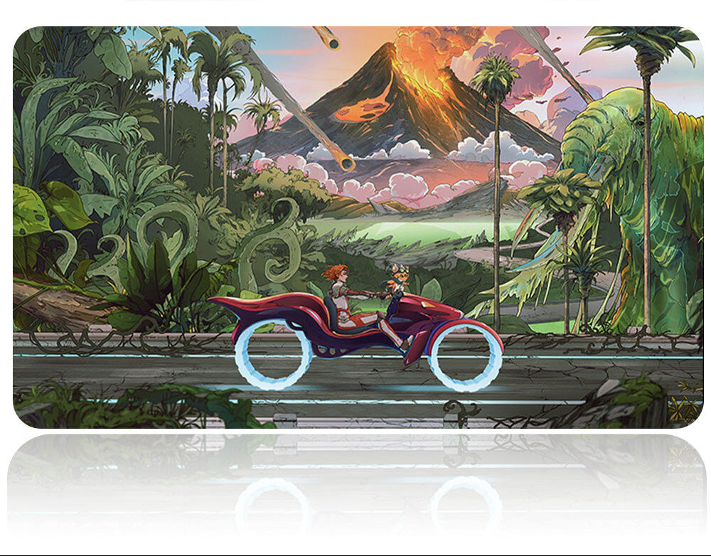 Laptop skin with a fantasy design of two people on a motorcycle in a tropical setting with a volcano.
