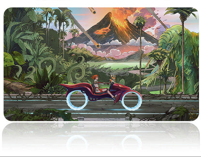 Laptop skin with a fantasy design of two people on a motorcycle in a tropical setting with a volcano.