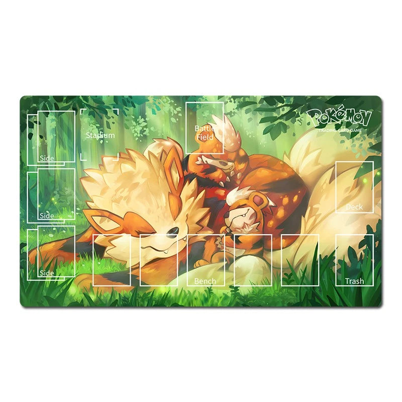 A rectangular Pokémon playmat featuring an illustration of a fox and a small fox-like character in a green forest, with printed layout guides for side, bench, trash, and battle boxes.