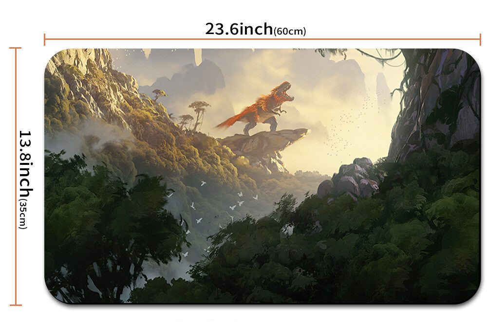 Illustration of a dragon flying over a mountainous landscape with dimensions displayed.