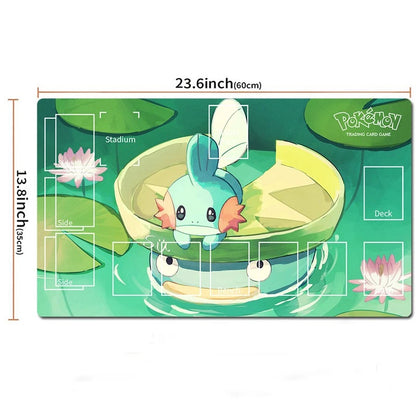 A Pokémon trading card game playmat shown on a white background with dimension lines indicating 23.6 inches by 13.