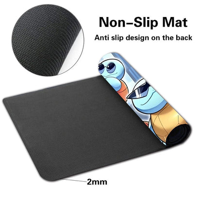 Black non-slip exercise mat with a rolled-up section showing a cartoon character print, plus a circular inset showing the textured black fabric backing and text reading 'Non-Slip Mat' and '2mm'.
