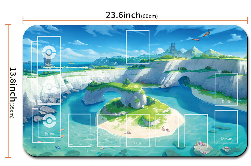 Illustrated map with dimensions and a pouch on a white background