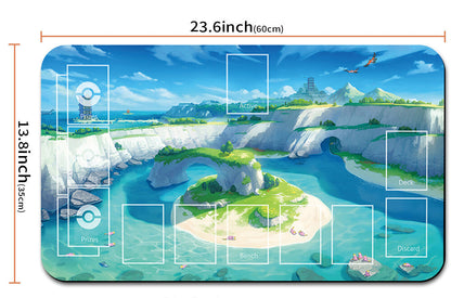 Illustrated map with dimensions and a pouch on a white background