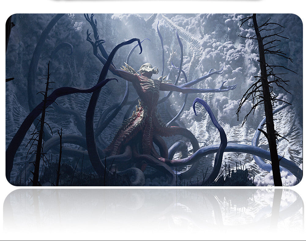Futuristic weapon with a glowing blue energy core against a snowy forest background