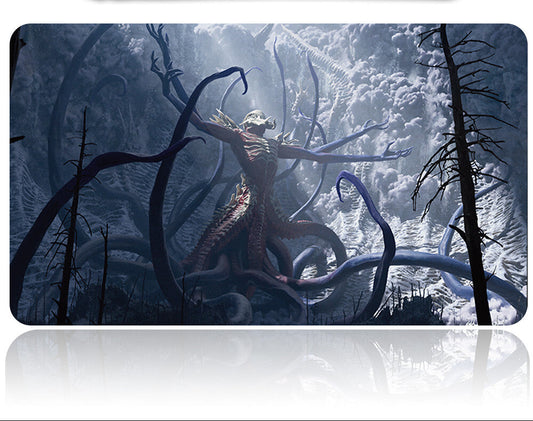 Futuristic weapon with a glowing blue energy core against a snowy forest background