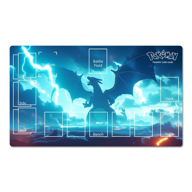 A rectangular Pokémon trading card playmat featuring Charizard silhouetted against a stormy blue sky with lightning, plus printed game area labels such as Stadium, Battle Field, Deck, Bench, and Trash.