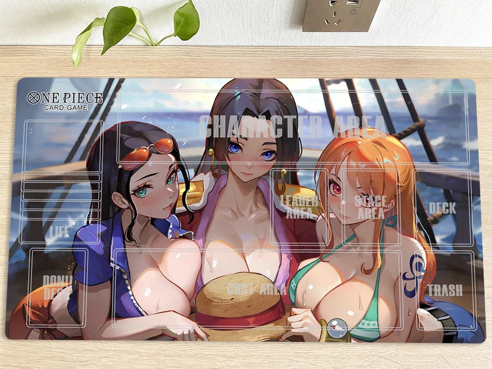 Anime-style character card game mat with three characters on a wooden surface.