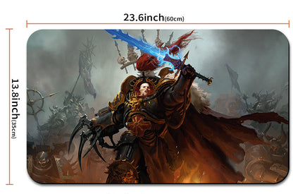Mouse pad with warrior design and measurements, including a carrying handle.