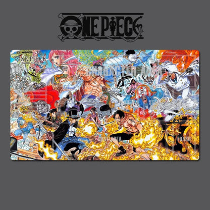 A rectangular anime playmat featuring a highly detailed, colorful illustration of the One Piece crew, with the One Piece logo printed at the top center. The playmat is displayed against a solid dark gray background with diagonal watermarks.
