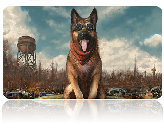 Dog with goggles and bandana in a post-apocalyptic scene with a water tower and ruins.