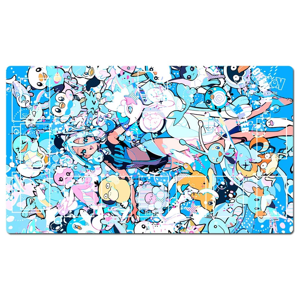 A rectangular gaming playmat featuring a dense, colorful anime and Pokémon character collage on a bright blue background, shown against a plain white backdrop.