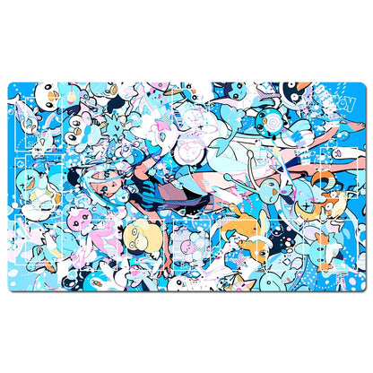 A rectangular gaming playmat featuring a dense, colorful anime and Pokémon character collage on a bright blue background, shown against a plain white backdrop.