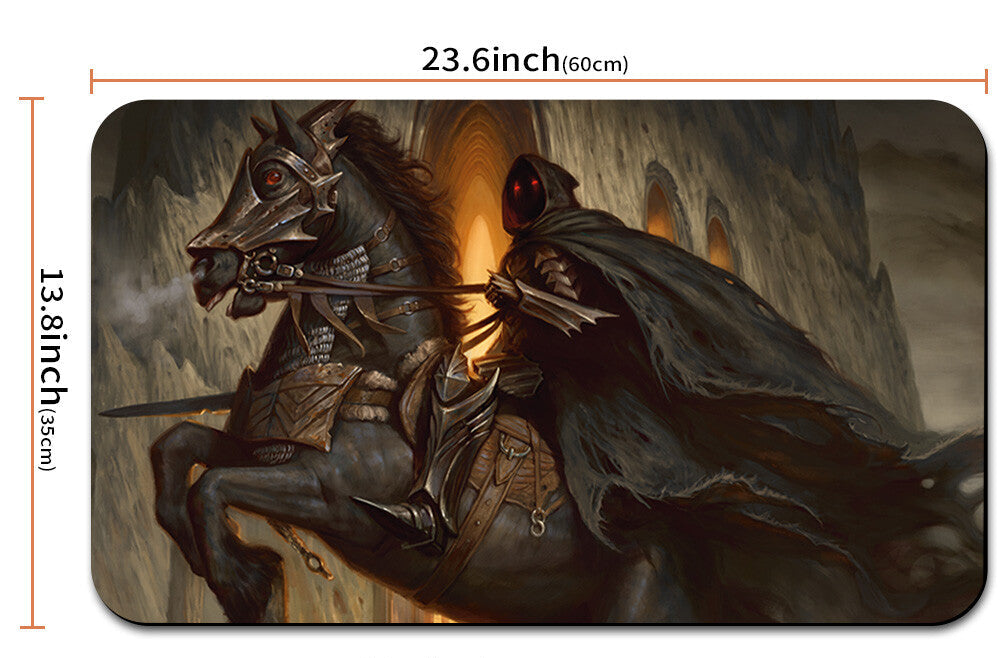 Product with a dark fantasy design of a horse and rider, shown with measurements and a carrying bag.