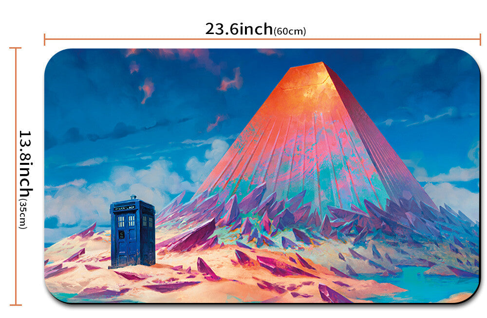 Mouse pad with a TARDIS and alien landscape design, showing dimensions and a carrying strap.