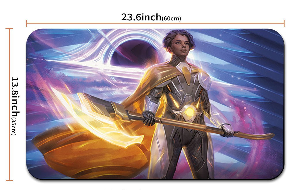 Mouse pad with character design and measurements, including a drawstring bag.