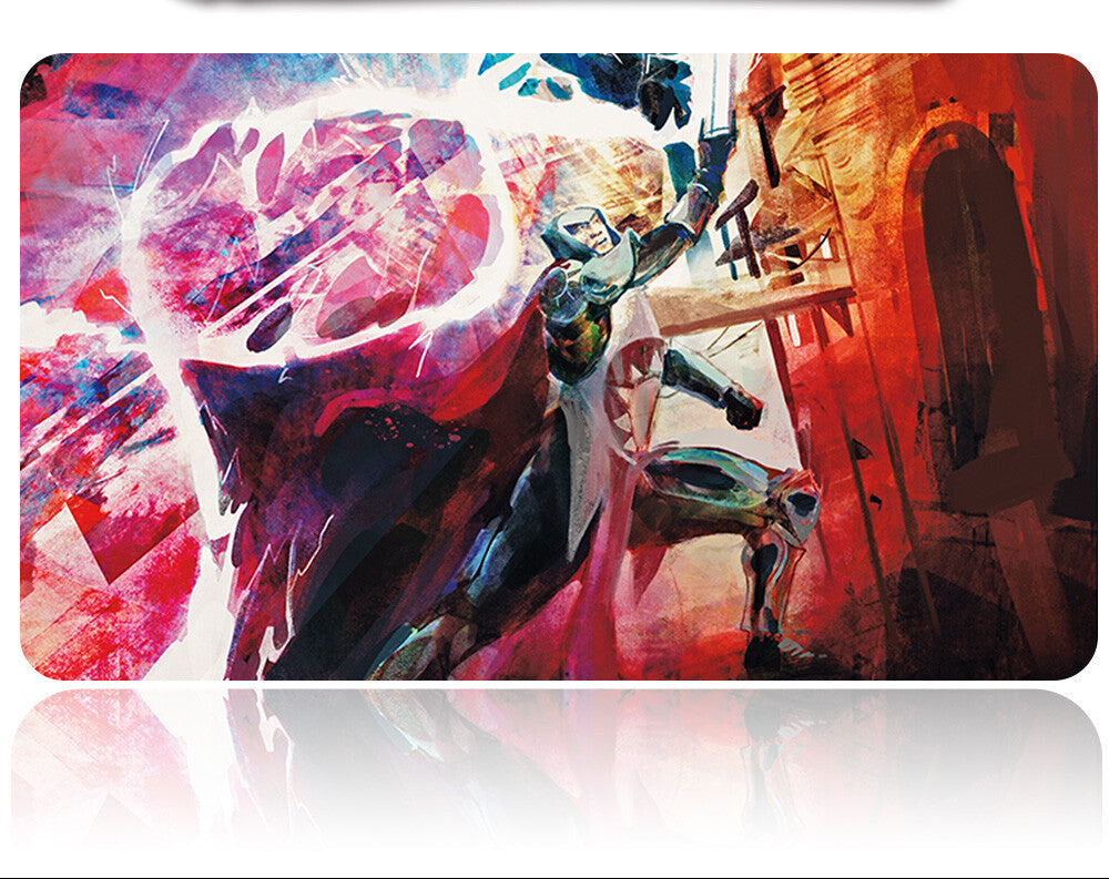 Colorful artwork of a superhero character with a weapon on a white background