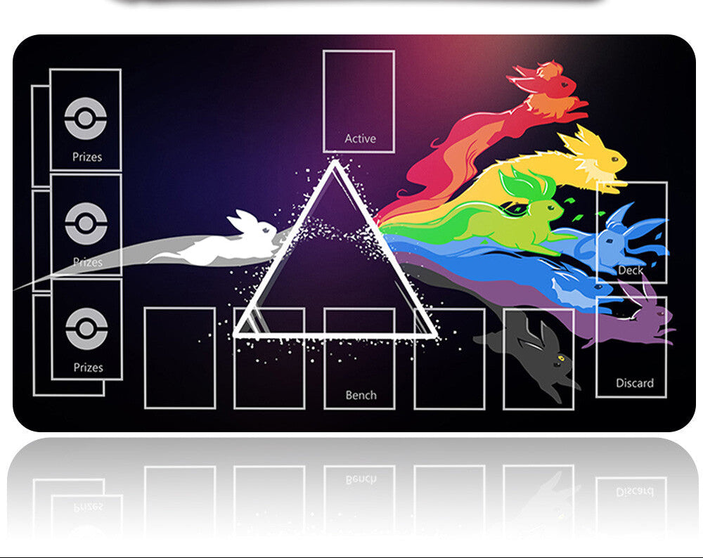 Colorful card game mat with cartoon characters and a metal card holder on a white background