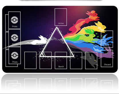 Colorful card game mat with cartoon characters and a metal card holder on a white background