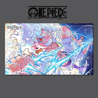 One Piece card game playmat with character design on a dark background